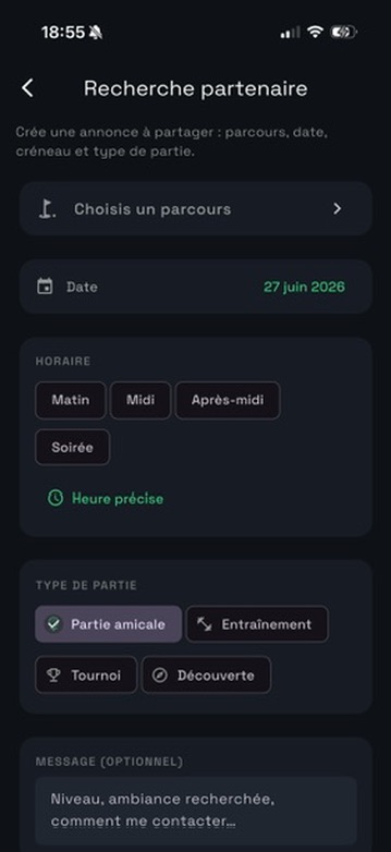 Écran de création d’une annonce de recherche de partenaire de golf