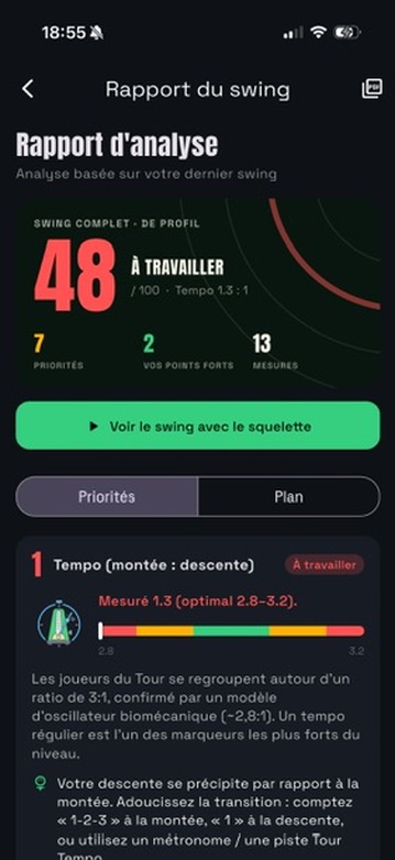 Rapport d'analyse de swing avec note et recommandations priorisées